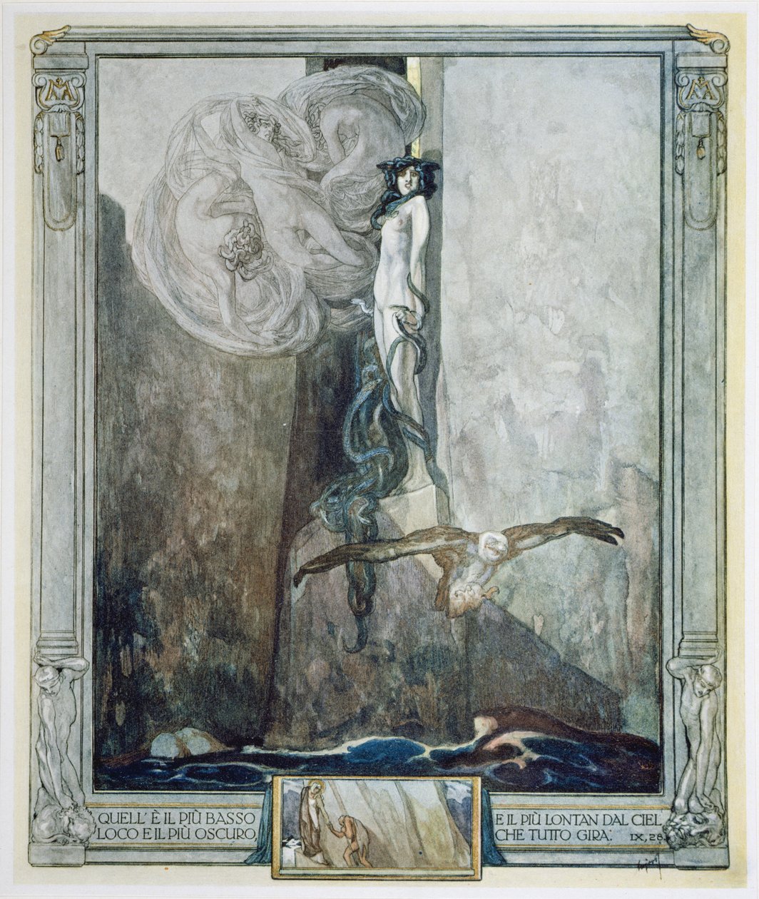 رسم توضيحي من "الكوميديا الإلهية" لدانتي ، جحيم ، كانتو التاسع. 28 بواسطة فرانز فون (1866 ـ 1924) بايروس