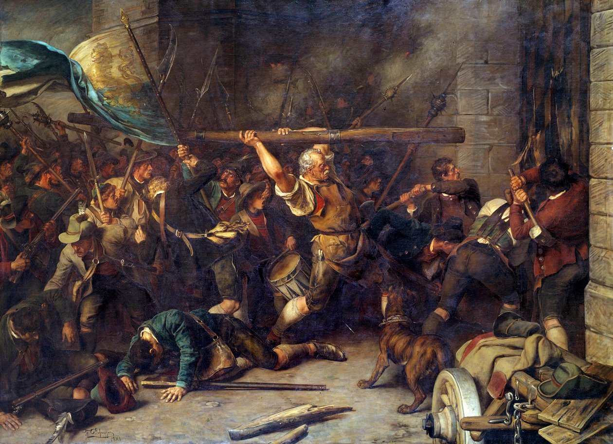 ثورة الفلاحين عام 1850 هجوم الحاجز الأحمر "لوحة لفرانز ديفريجر (1835-1921) بواسطة فرانز فون ديفريجر