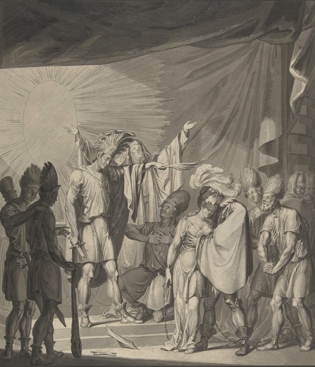 ملك الشمس يمسح زوجين منضمين ، من August von Kotzebue's Die Sonnenjungfrau ، القرن التاسع عشر. بواسطة فرانز فون هووسلاب