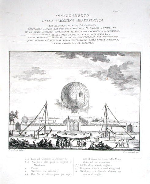 أول رحلة مأهولة بمنطاد الهواء الساخن في إيطاليا قام بها باولو أندرياني (1763-1823) 1784 ، محفور بواسطة جيرولامو مانتيللي ، نُشر عام 1785 (نقش) (انظر أيضًا 206819) بواسطة فراتيلي جيرلي (بعد)