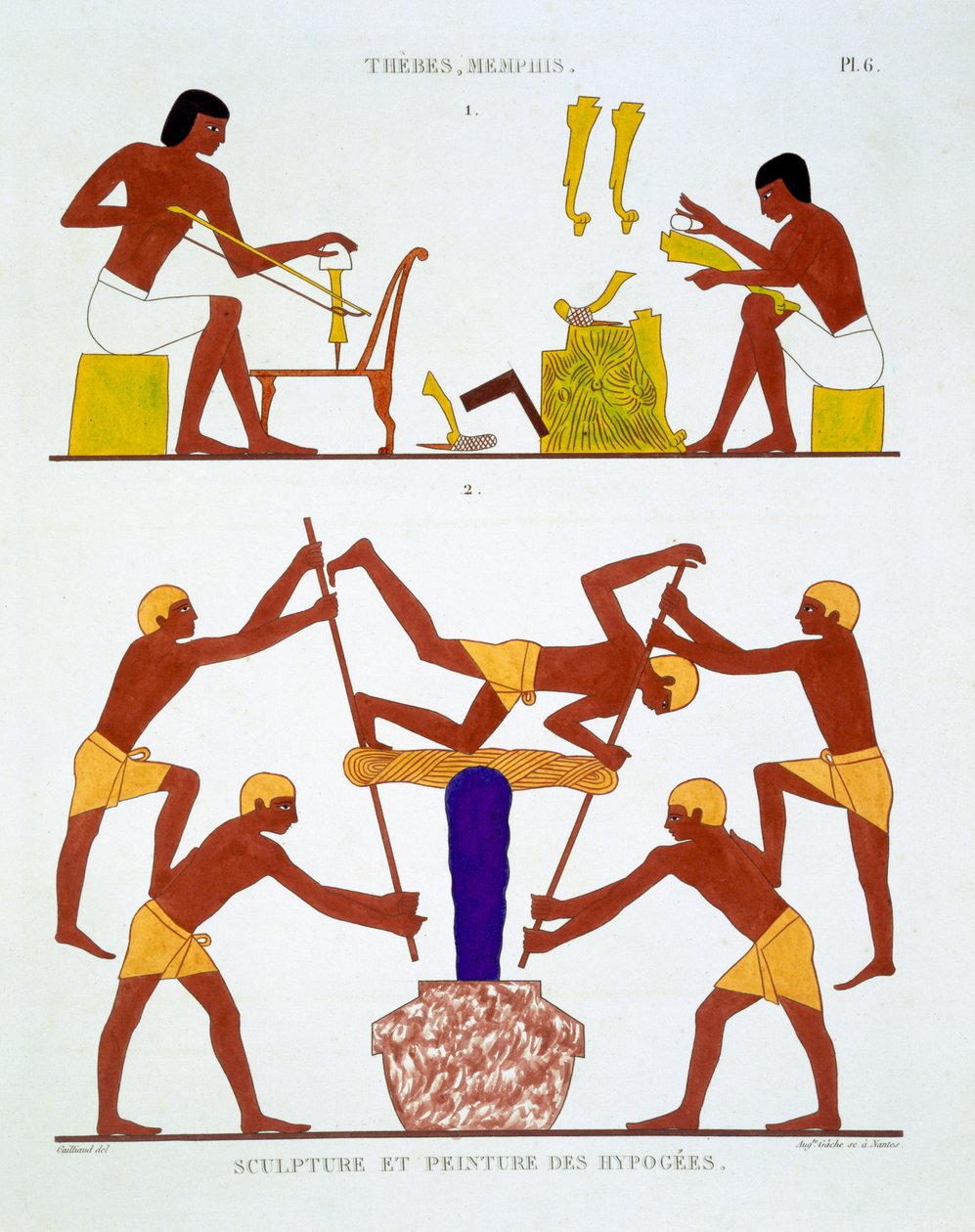 النجارة وصباغة الأقمشة ، من سجل نادر من اللوحات الجدارية من طيبة ، مسجلة 1819-1822 في زيارته الثانية لمصر بواسطة فريدريك كايليود (1787-1869) ، لون ليثو بواسطة فريدريك كاييود