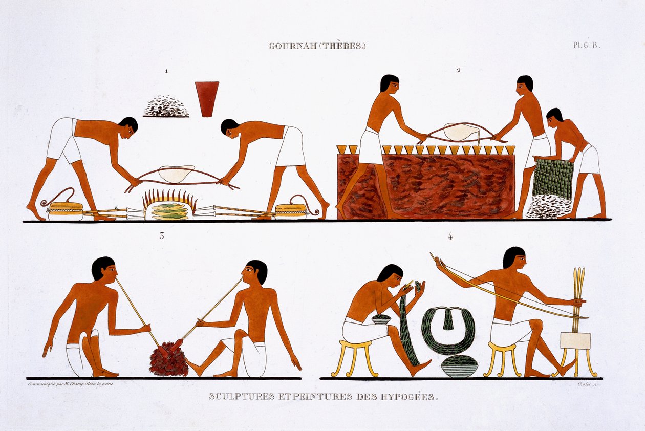 ورشة مجوهرات ومجوهرات ، من سجل نادر للوحات الجدارية من طيبة ، سجلت 1819-1822 في زيارته الثانية لمصر بواسطة فريدريك كايليود (1787-1869) ، 1819 ، ليثو اللون بواسطة فريدريك كاييود