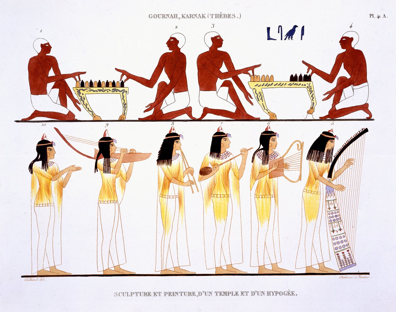 ألعاب الرجال والنساء يلعبون الآلات ، من سجل نادر من اللوحات الجدارية من طيبة ، سجل 1819-1822 في زيارته الثانية لمصر بواسطة فريدريك كايليود (1787-1869) ، لون ليثو بواسطة فريدريك كاييود