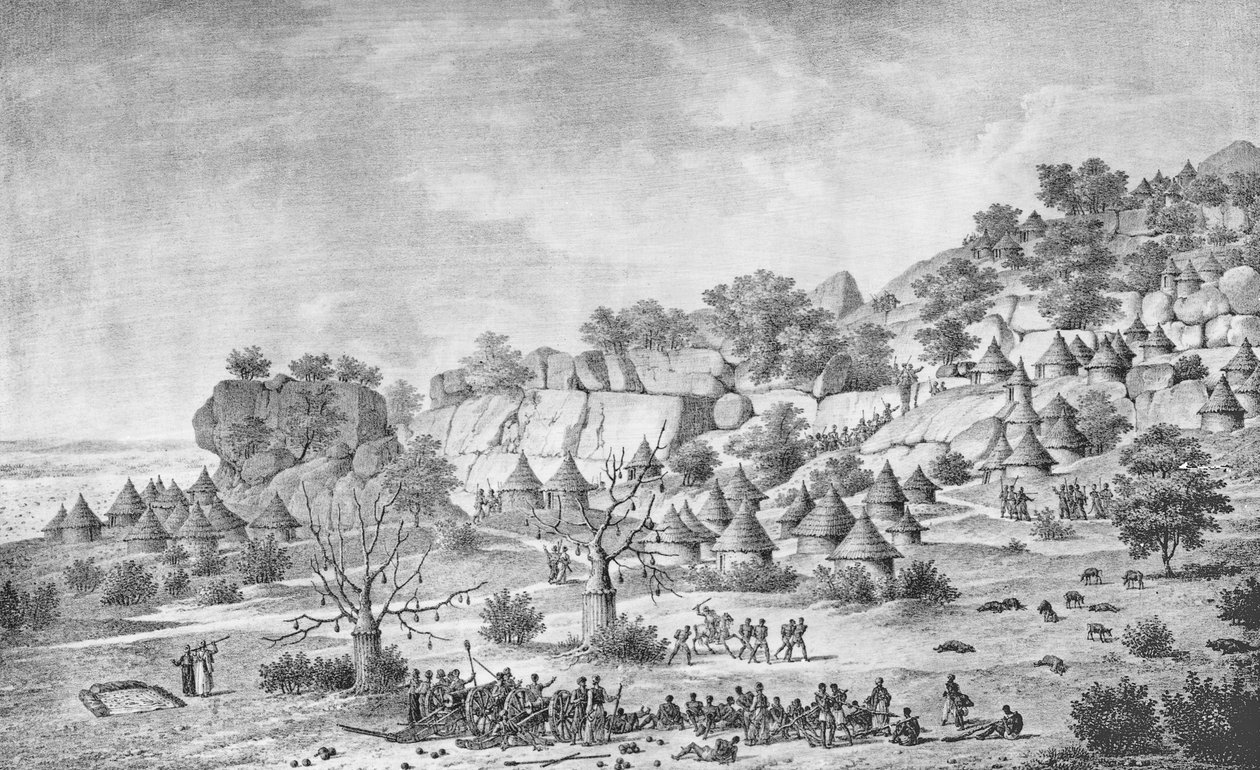 منظر للقرية شمال أغادي في منطقة بيرتات ، من "رحلة إلى مروي: au fleuve Blanc ، وراء Fazoqldans midi du kingdom de Snnar a Syouah" ، تم نشره عام 1827 بواسطة فريدريك كاييود
