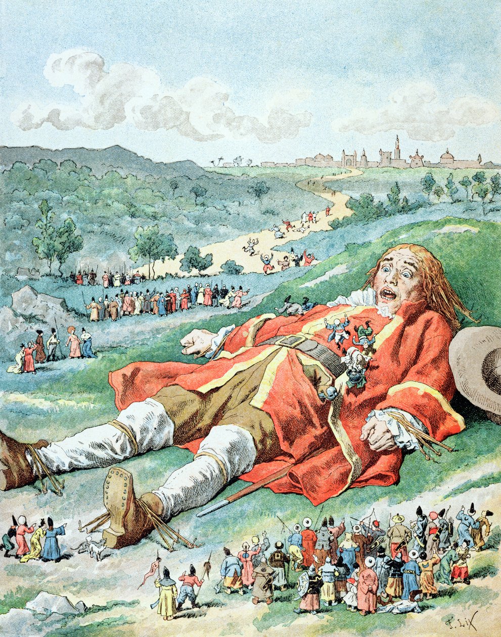 "وجدت ذراعيّ وساقيّتين متصلتين بالأرض ..." ، توضيح من "Les Voyages de Gulliver" لجوناثان سويفت (1667-1745) بواسطة فريدريك ثيودور ليكس