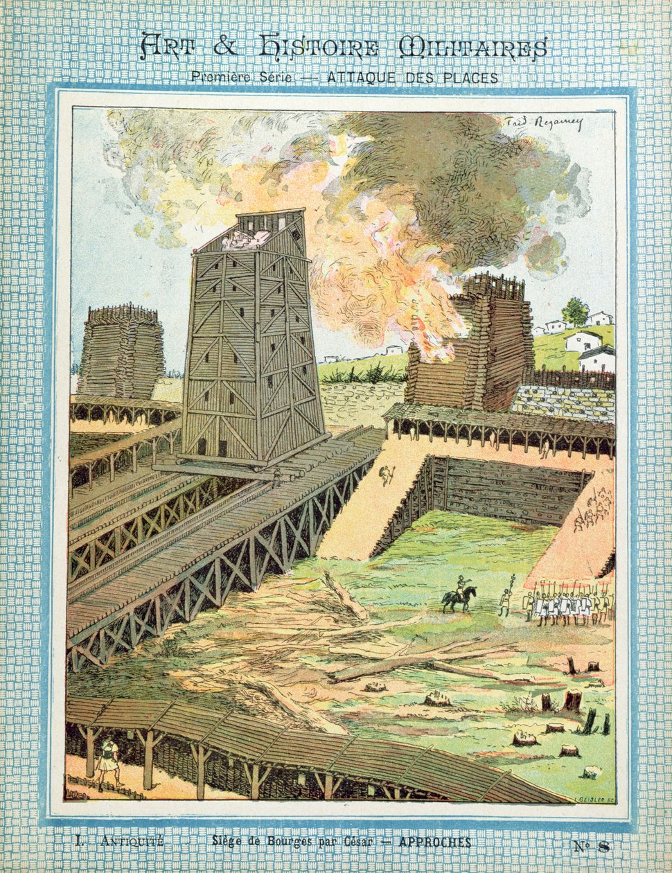 حصار بورجيس أثناء غزو بلاد الغال من قبل يوليوس قيصر (100-44 قبل الميلاد) من كم واقية للكتب المدرسية ، أواخر القرن التاسع عشر بواسطة فريدريك ريجامي