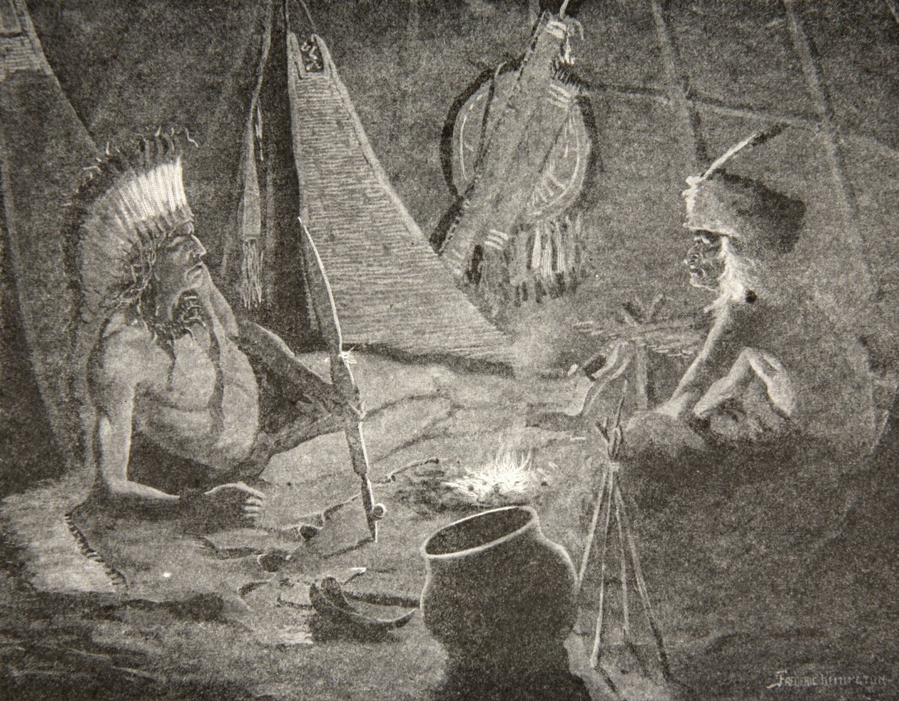 من الحقيبة ، رسم أنبوب السلام الخاص به ، ... أعطاها لضيفه ، الغريب ، من أغنية Hiawatha بقلم هنري وادزورث لونغفيلو (1807-82) ، الحانة. بقلم جورج جي. هاراب أوند كومباني ليمتد ، 1911 بواسطة فريدريك ريمنجتون