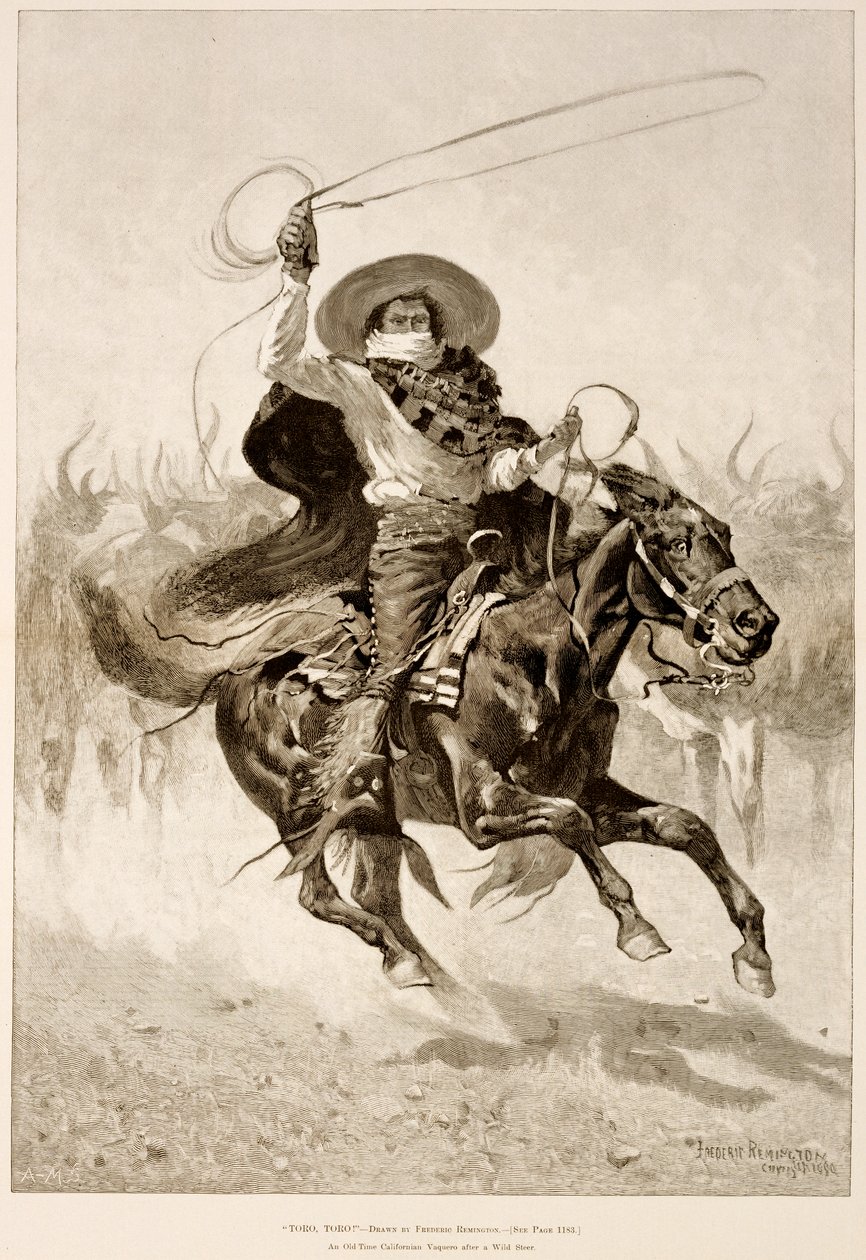 Toro، Toro !، an Old-Time Californian Vaquero After a Wild Steer (نقش الخشب على ورق الصحف) بواسطة فريدريك ريمنجتون