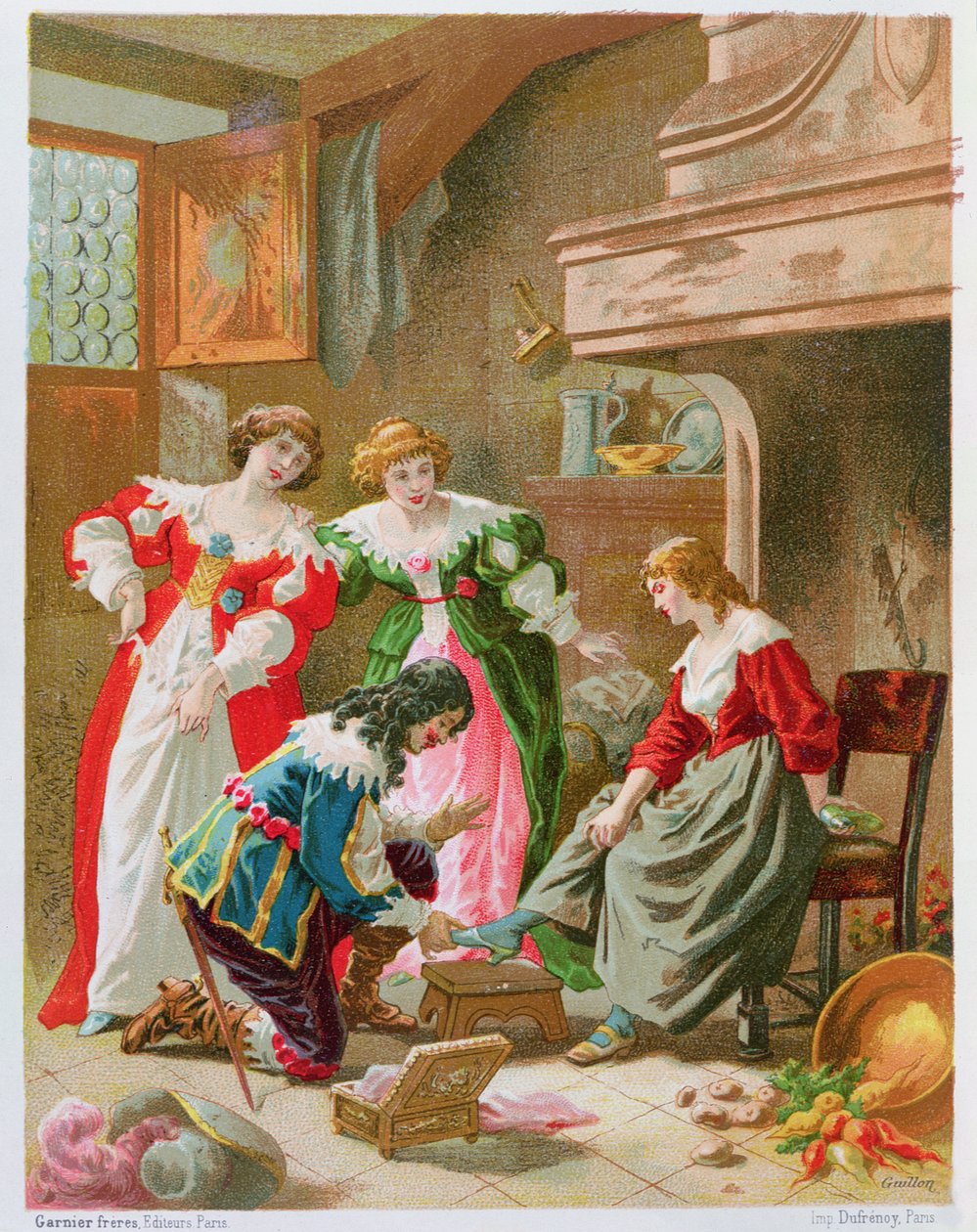 سندريلا تحاول على شبشب الزجاج ، من "Les Contes de Perrault" (chromolitho) بواسطة فريدريك ثيودور ليكس