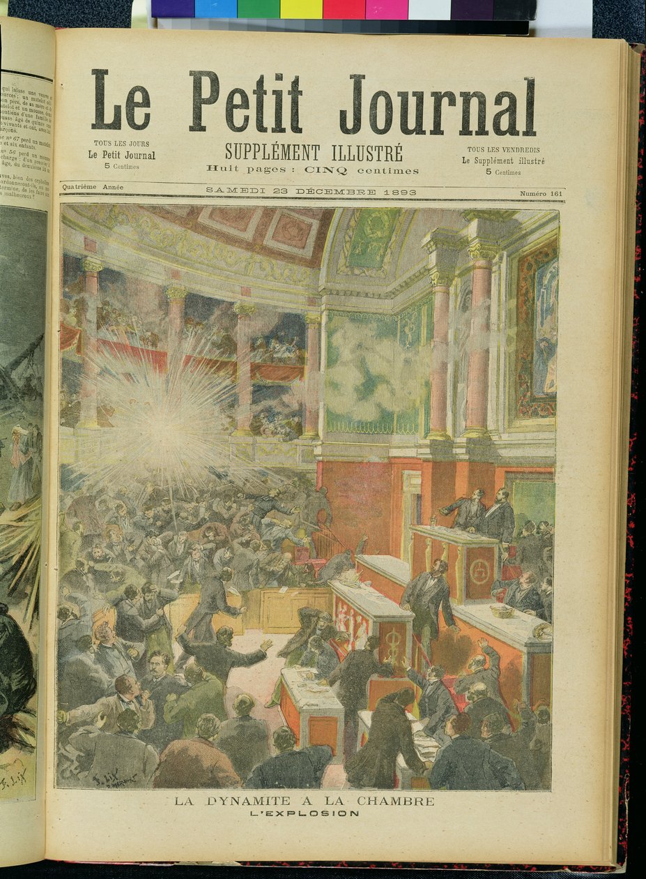 الديناميت ينفجر في مجلس النواب ، الغلاف الأمامي لـ "Le Petit Journal" 23 ديسمبر 1893 بواسطة فريدريك ثيودور ليكس