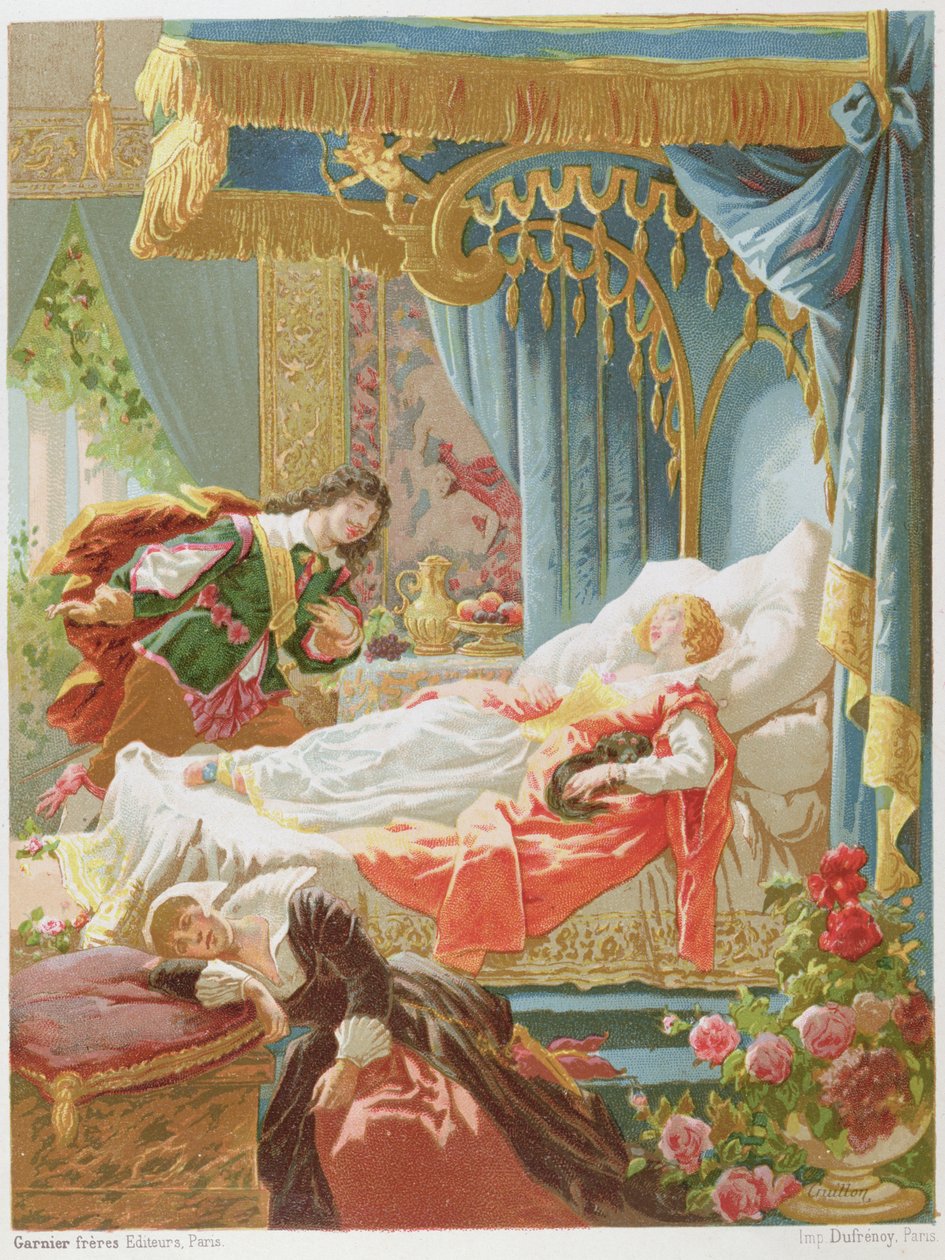 الجمال النائم والأمير الساحر ، توضيح من طبعة من الحكايات الخرافية لتشارلز بيرولت (1628-1703) التي نقشها كرويلون ، أواخر القرن التاسع عشر بواسطة فريدريك ثيودور ليكس