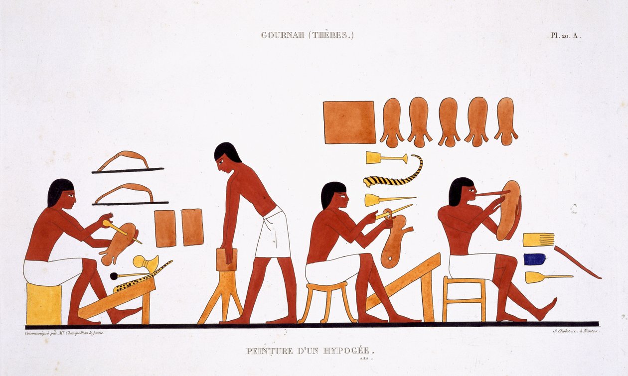 سجل عمال الجلود من سجل نادر للوحات الجدارية من طيبة ، 1819-1822 في زيارته الثانية لمصر بواسطة فريدريك كايود (1787-1869) ، لون ليثو بواسطة فريدريك (بعد) كايود