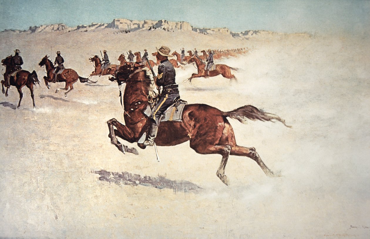 Buffalo Soldiers in Pursuit (colour litho) بواسطة فريدريك (بعد) ريمنجتون
