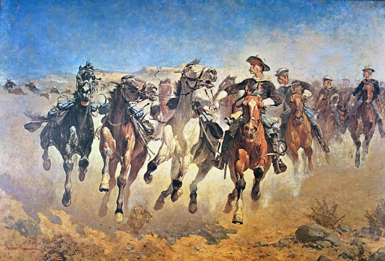 Dismounted: the 4th Troopers Moving, originally painted 1890 (colour litho) بواسطة فريدريك (بعد) ريمنجتون