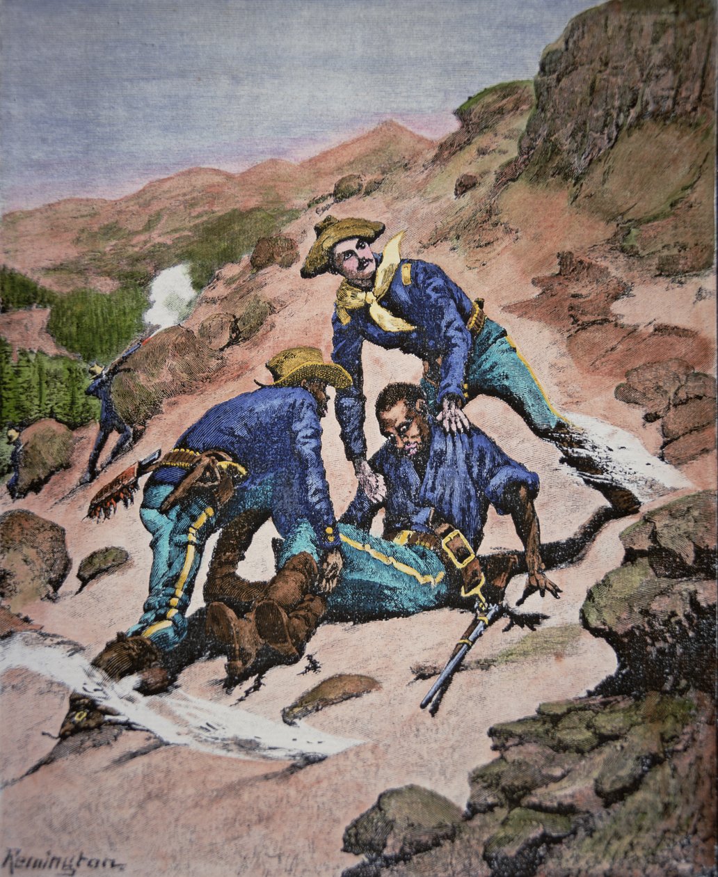The Rescue of Corporal Scott during the Geronimo campaign of 1886 (coloured engraving) بواسطة فريدريك (بعد) ريمنجتون
