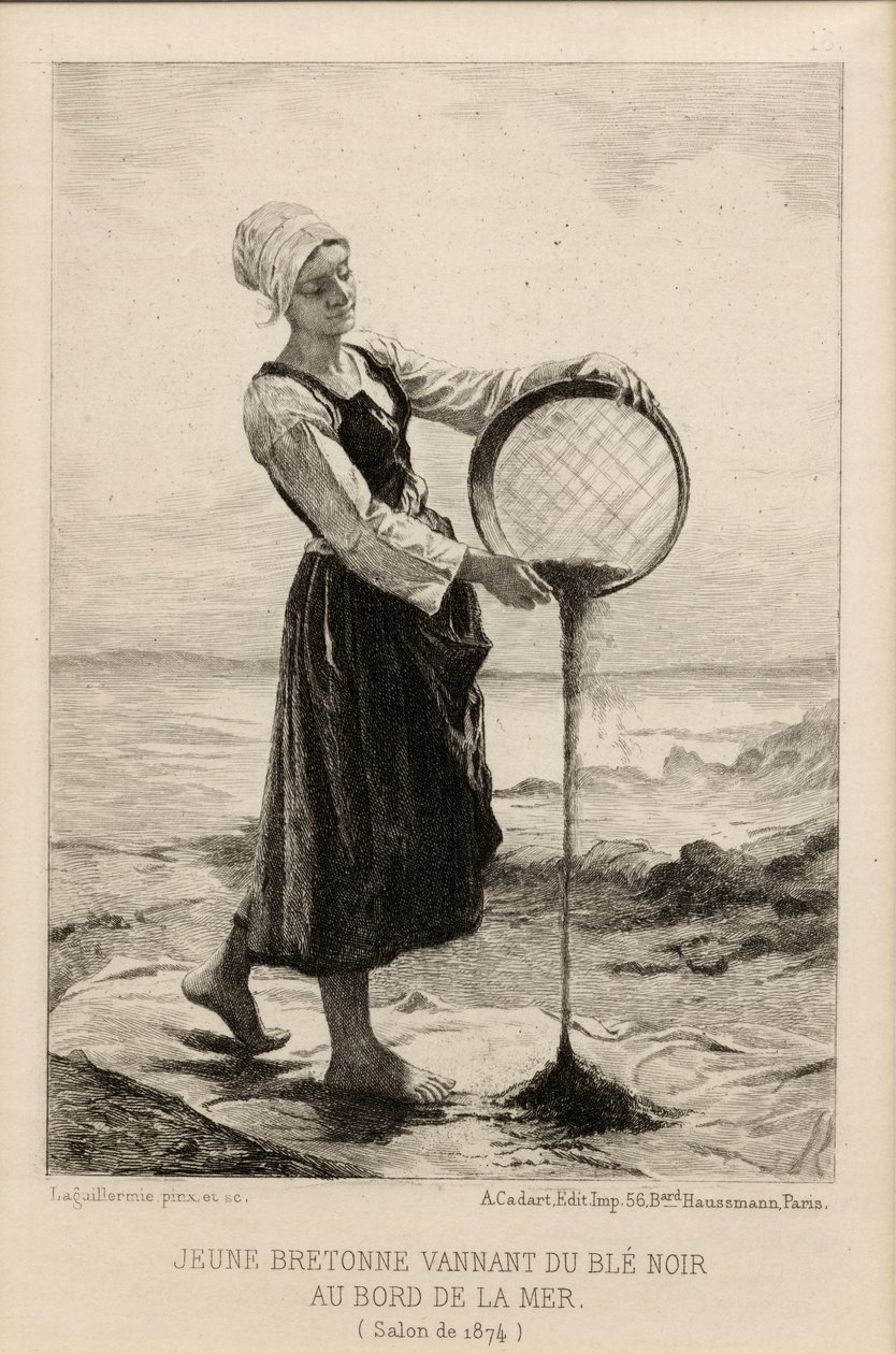 شاب Bretonne Winnowing الحنطة السوداء على شاطئ البحر ، نقشها Cadart في عام 1874 (طباعة) بواسطة فريدريك أوغست لاغيليرمي