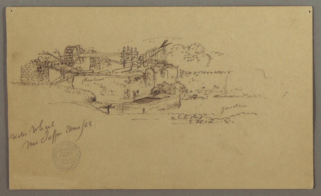 رسم، عجلة ماء مع حوض في حديقة، يافا، فلسطين [تل أبيب، إسرائيل]، مارس 1868 بواسطة كنيسة فريدريك إدوين