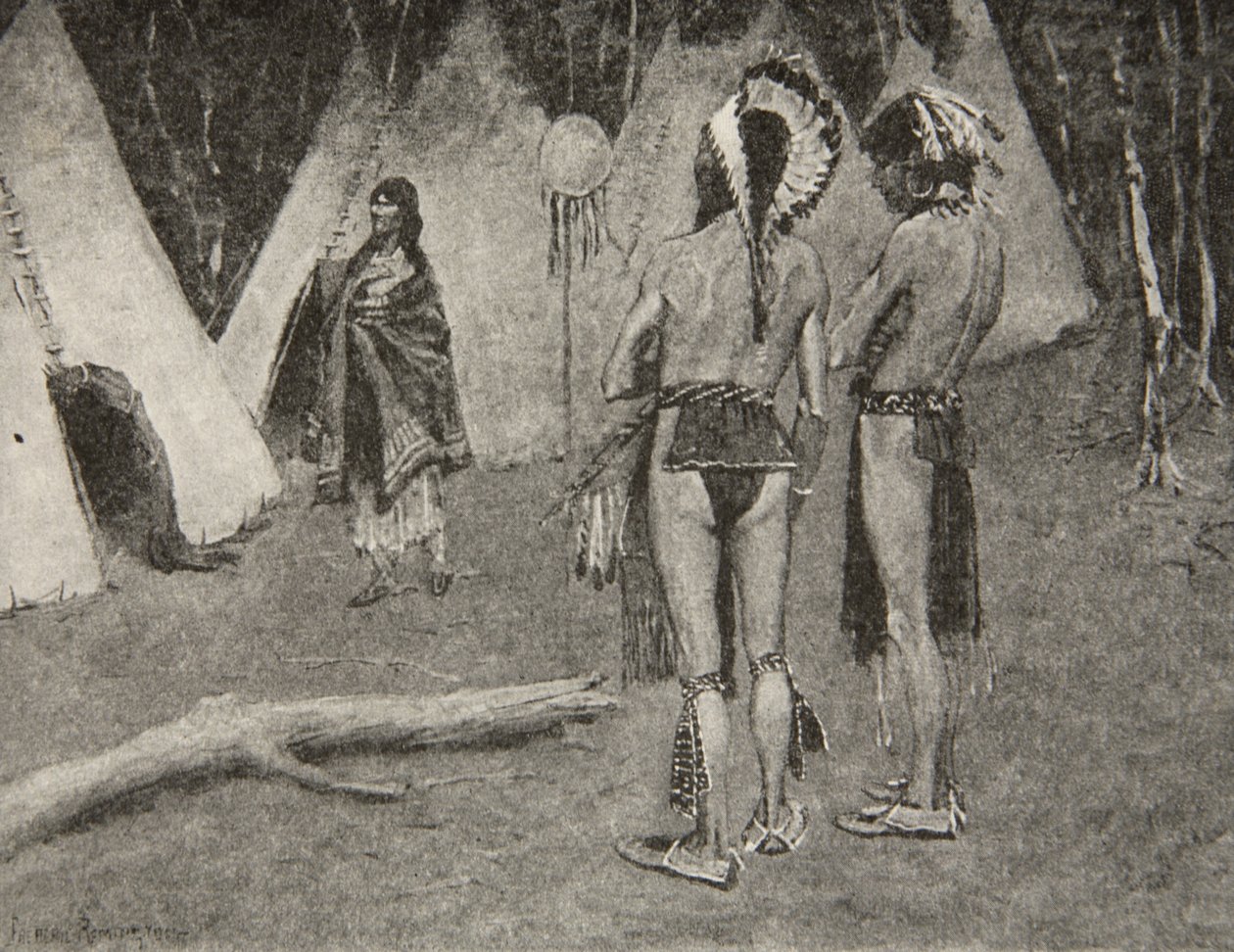 وعشيقاتها ، المرفوضون ، ... رجال وسيمون بالطلاء والريش ، من أغنية Hiawatha بقلم هنري وادزورث لونغفيلو (1807-82) ، حانة. بقلم جورج جي. هاراب أوند كومباني ليمتد ، 1911 بواسطة فريدريك ريمنجتون