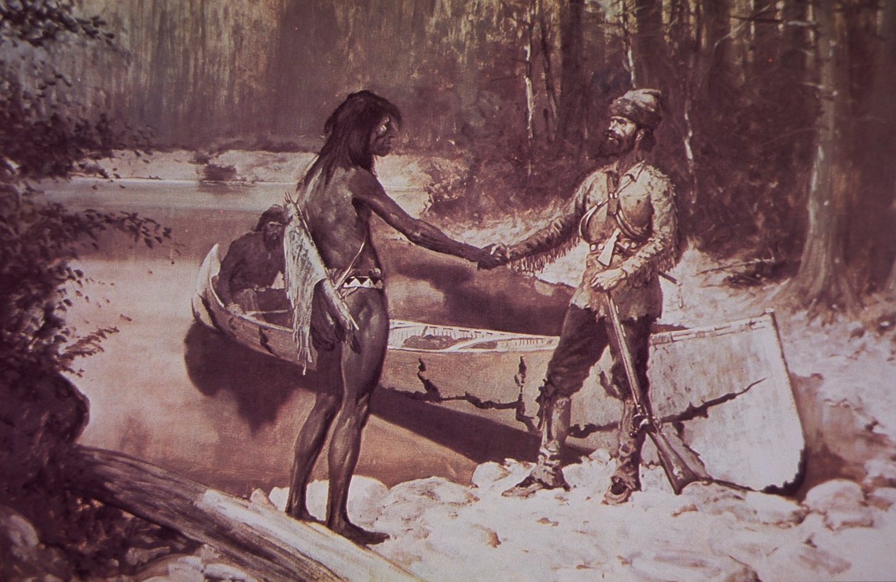 French-Canadian fur trapper doing business with Native American, late 19th century (colour litho) بواسطة فريدريك ريمنجتون