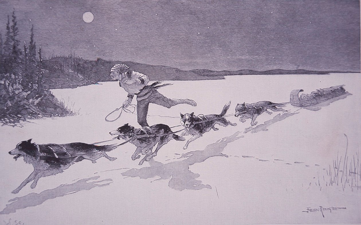 French Fur Trapper in Canada with Huskie dogs on frozen lake بواسطة فريدريك ريمنجتون
