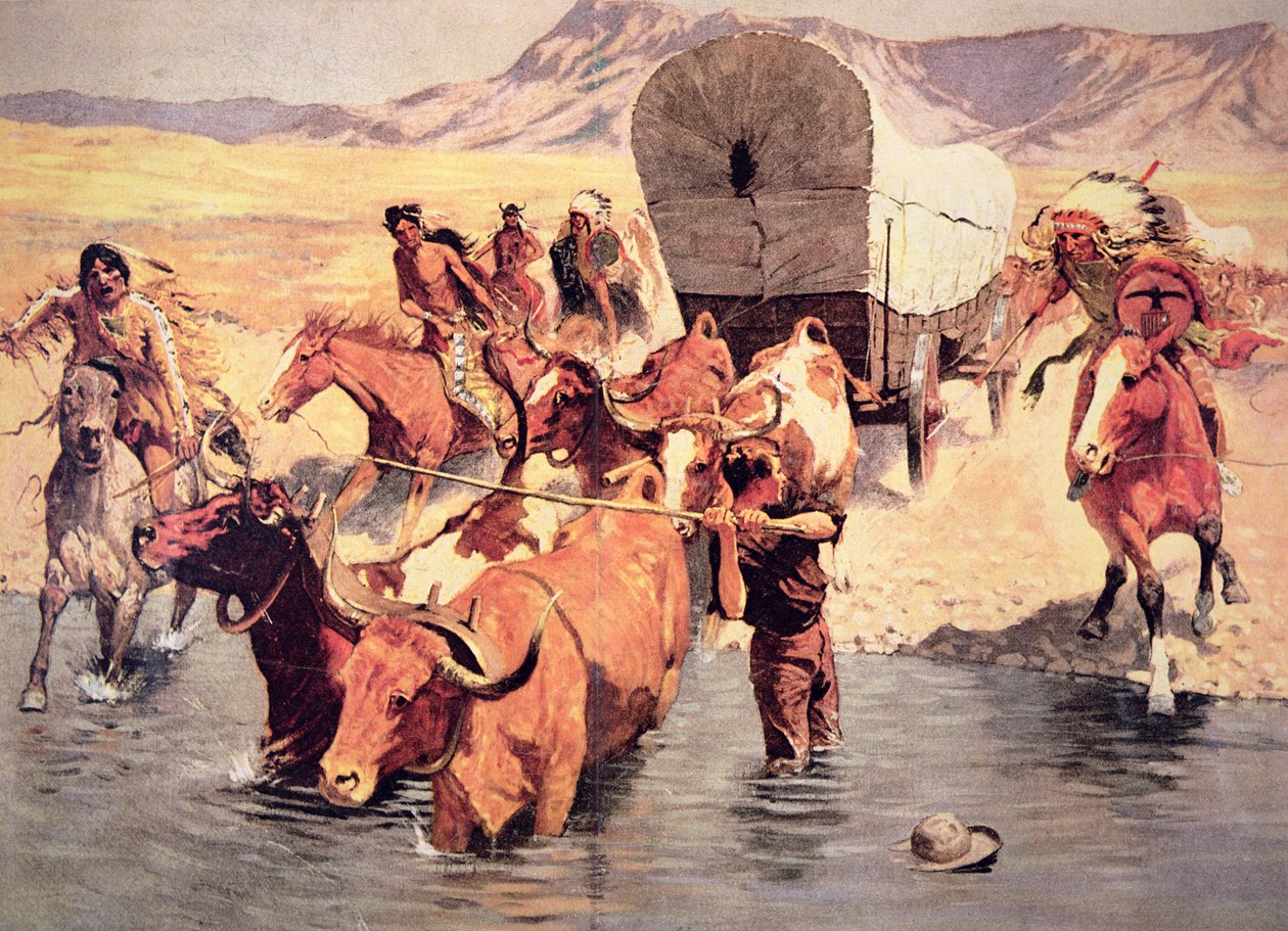 Indians attacking a pioneer wagon train (oil on canvas) بواسطة فريدريك ريمنجتون