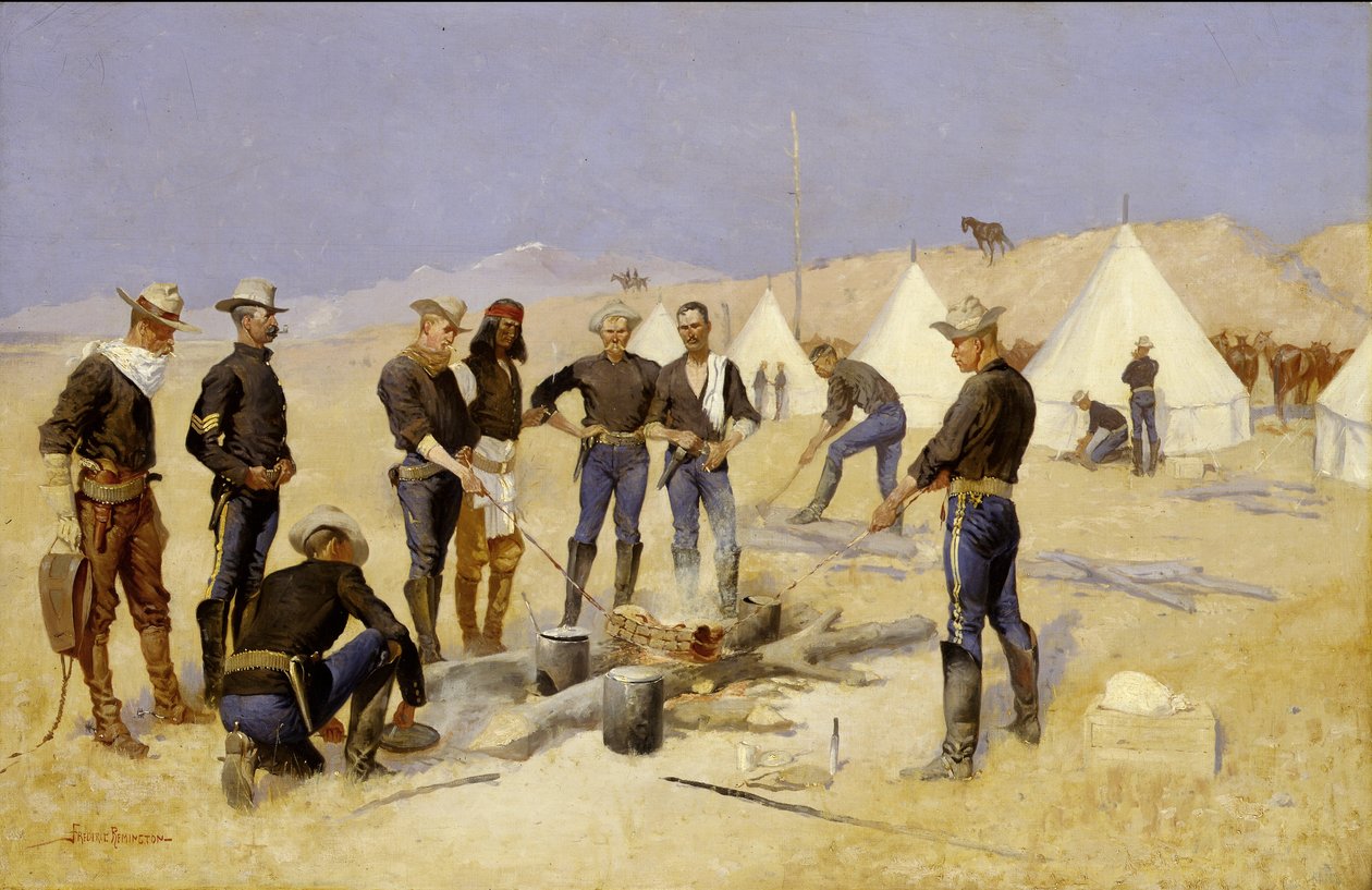 تحميص لحم البقر في عيد الميلاد في معسكر الفرسان ، c.1892 بواسطة فريدريك ريمنجتون