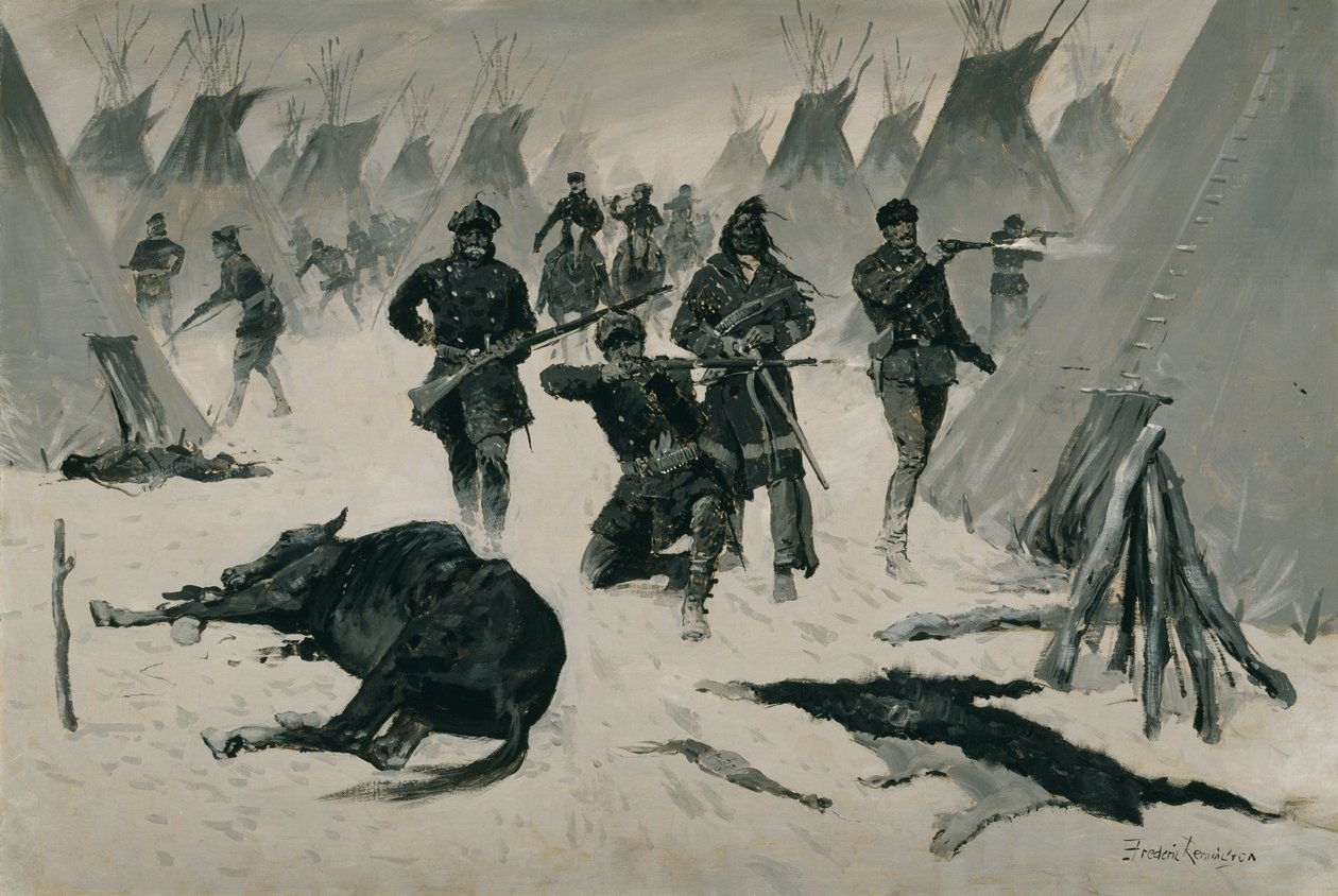هزيمة الحصان المجنون (هزيمة الحصان المجنون من قبل العقيد مايلز ، يناير 1877 ، الهجوم الشتوي على قرية هندية) c.1901 ، ربما c.1896 بواسطة فريدريك ريمنجتون