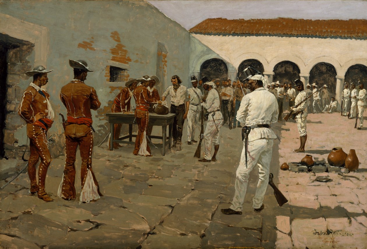 رحلة ماير: رسم الحبة السوداء (سجناء يرسمون حبوبهم) 1869 (زيت على قماش) بواسطة فريدريك ريمنجتون