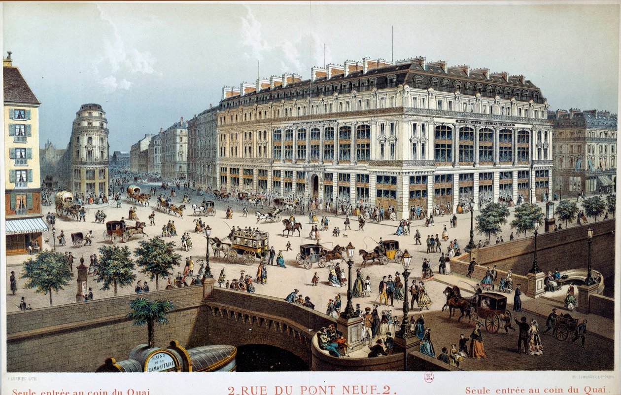 منظر خارجي لـ La Belle Jardiniere ، شارع du pont neuf في باريس في القرن التاسع عشر. نقش فريدريك سوريو (1807 -؟) بواسطة فريدريك سوريو