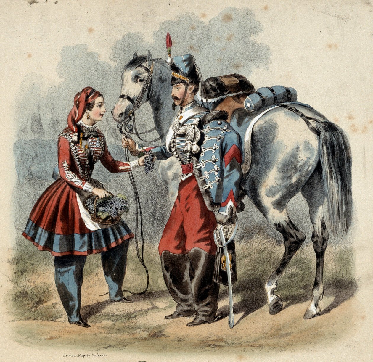 The French army and its cantinieres: Hussard and cantiniere de troupe de line. Engraving by Frederic Sorrieu (1807 -? ) بواسطة فريدريك سوريو