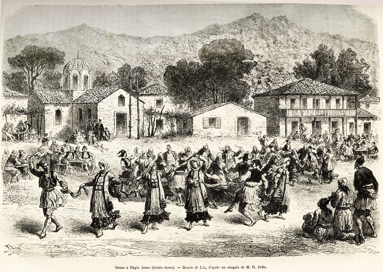 رقص شعبي في ساحة قرية هاجيا آنا (القديسة آن). نقش بعد رسم Lix ، لتوضيح الرحلة في اليونان ، بواسطة Henri Belle ، في 1861-1868-1874 ، نُشر في "" Le tour du monde "" "1876 ، تحرير إدوارد شارتون ، طبعة Hachette ، باريس بواسطة فريدريك ثيودور ليكس
