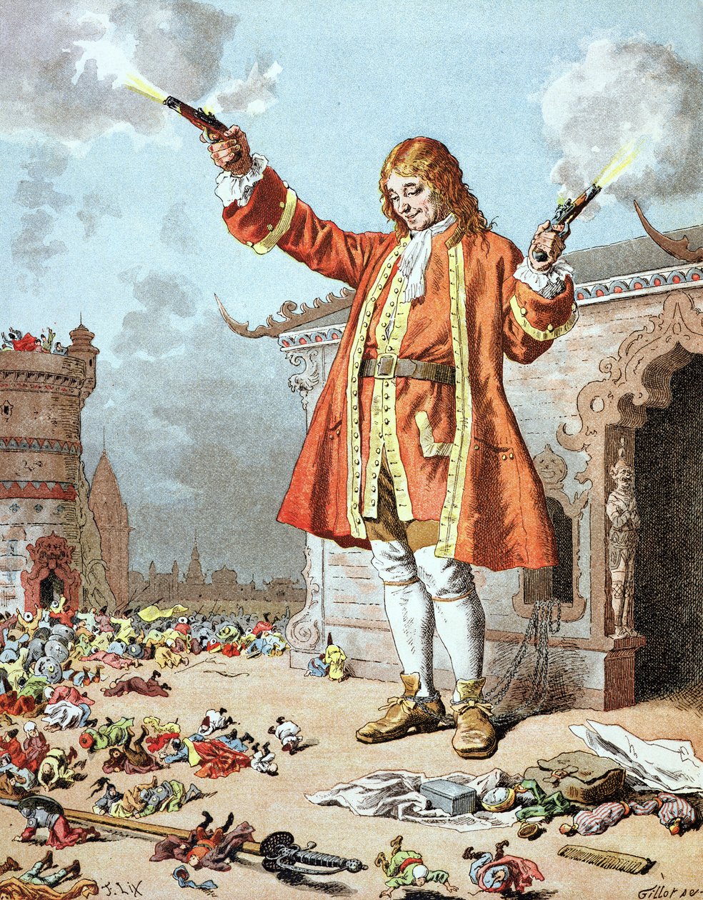 "لقد سقطوا جميعًا إلى الوراء ، كما لو كانوا قد أصيبوا بالرعد" ، التوضيح من "Les Voyages de Gulliver" لجوناثان سويفت (1667-1745) بواسطة فريدريك ثيودور ليكس