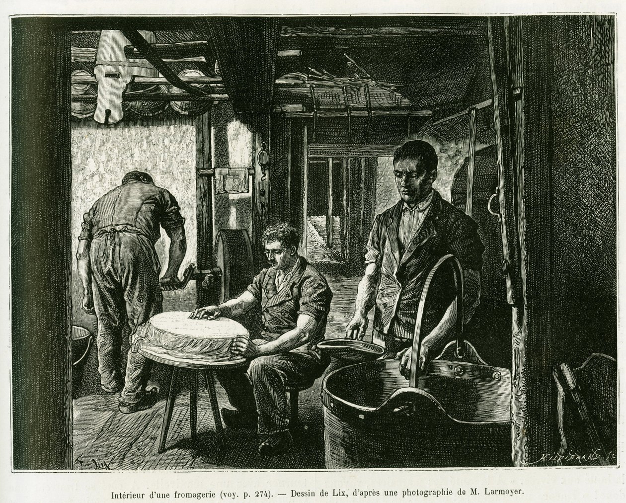 Inside a cheese factory. Engraving by Lix, to illustrate the story A Through Alsace and Lorraine, by Charles Grad, German deputer, in 1885, in the tour du monde 1887, under the direction of Edouard Charton (1807-1890), Hachette, Paris. بواسطة فريدريك ثيودور ليكس