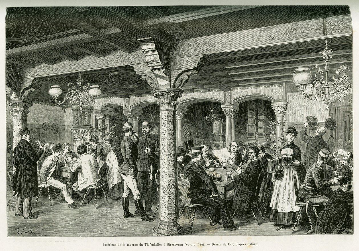 داخل حانة Tiefenkeller في ستراسبورغ. نقش بواسطة Lix ، لتوضيح القصة A عبر الألزاس ولورين ، في عام 1887 ، بواسطة تشارلز جراد ، النائب الألماني ، في جولة العالم 1888 ، من إخراج إدوارد شارتون (1807-1890) ، هاشيت ، باريس. بواسطة فريدريك ثيودور ليكس