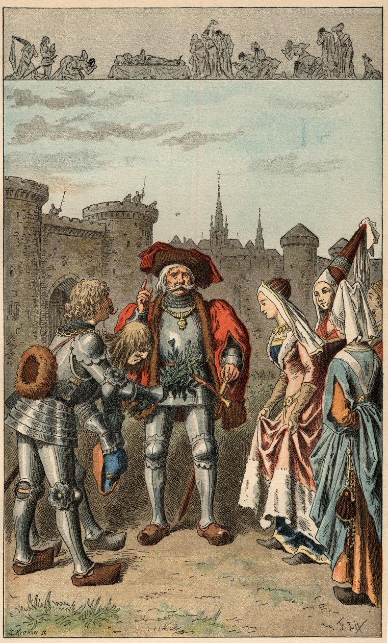 الأغنية الشعبية: "" لقد كانت آن بريتاني "". ملكة فرنسا آن دي بريتاني (1477-1514) ، عند وصولها إلى رين ، تتلقى باقة من لويزة. رسم توضيحي لفريدريك ثيودور ليكس (1830-1897) في "" أغاني وجولات للأطفال من مقاطعات فرنسا "" بواسطة فريدريك ثيودور ليكس