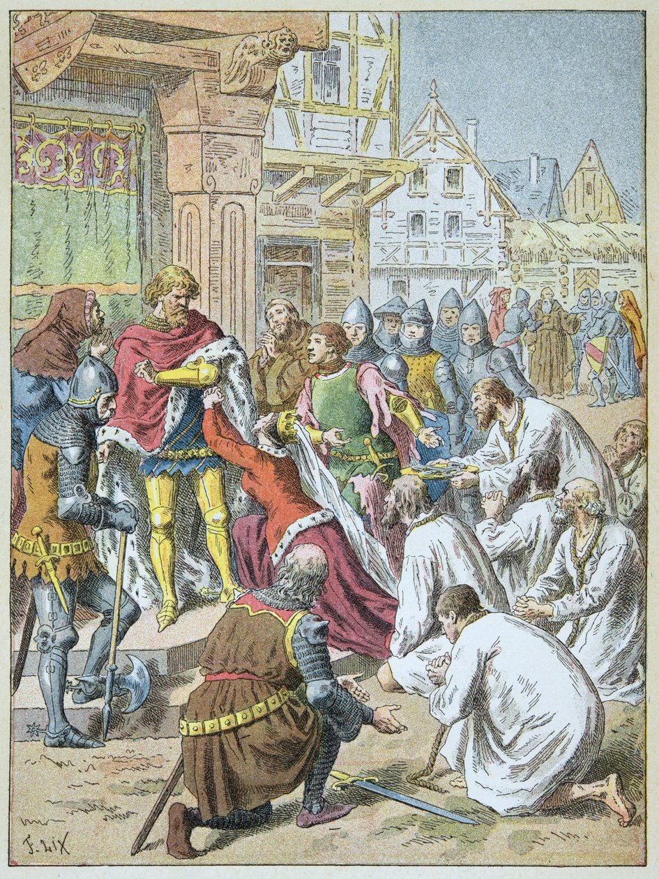 حصار كاليه من قبل إدوارد الثالث في 1346 - 1347. توسلت الملكة فيليبا دي هينو إلى عريسها لمنح برجوازية كاليه. بواسطة فريدريك ثيودور ليكس