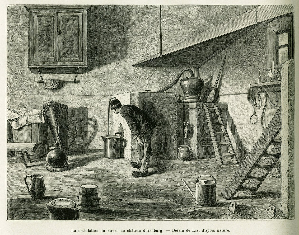 تقطير kirsch في قلعة Isenburg. نقش بواسطة Lix ، لتوضيح القصة A عبر الألزاس ولورين ، في عام 1887 ، بواسطة تشارلز جراد ، النائب الألماني ، في جولة العالم 1888 ، من إخراج إدوارد شارتون (1807-1890) ، هاشيت ، باريس. بواسطة فريدريك ثيودور ليكس