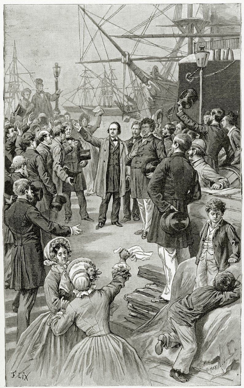 يشيد فيكتور هوغو بجمهورية عالمية خلال خطاب أثناء وجوده في المنفى في 1 أغسطس 1852 ، القرن التاسع عشر (النقش بالحجر الأبيض) بواسطة فريدريك ثيودور ليكس