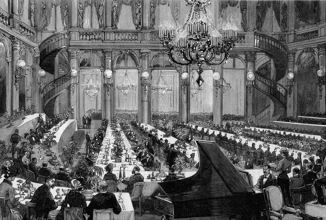 حفل عشاء في القاعة الاحتفالية بفندق Grand Hotel de Paris. نقش لديهنين في "" العالم المصور "" رقم 1250 بتاريخ 12 مارس 1881. بواسطة فريدريك دي هاينين