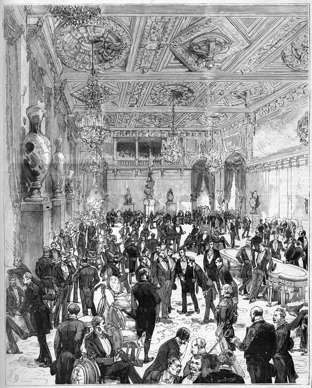 افتتاح فندق Hotel de Ville de Paris في 14 يوليو 1882 ، أعيد بناؤه بعد حريق 1871: منظر لقاعة مجلس المدينة عند وصول الرئيس جول غريفي (1807-1891). نقش De Haenen و Dosso في "" The Illustrous World "رقم 1321 بتاريخ 22 يوليو بواسطة فريدريك دي هاينين