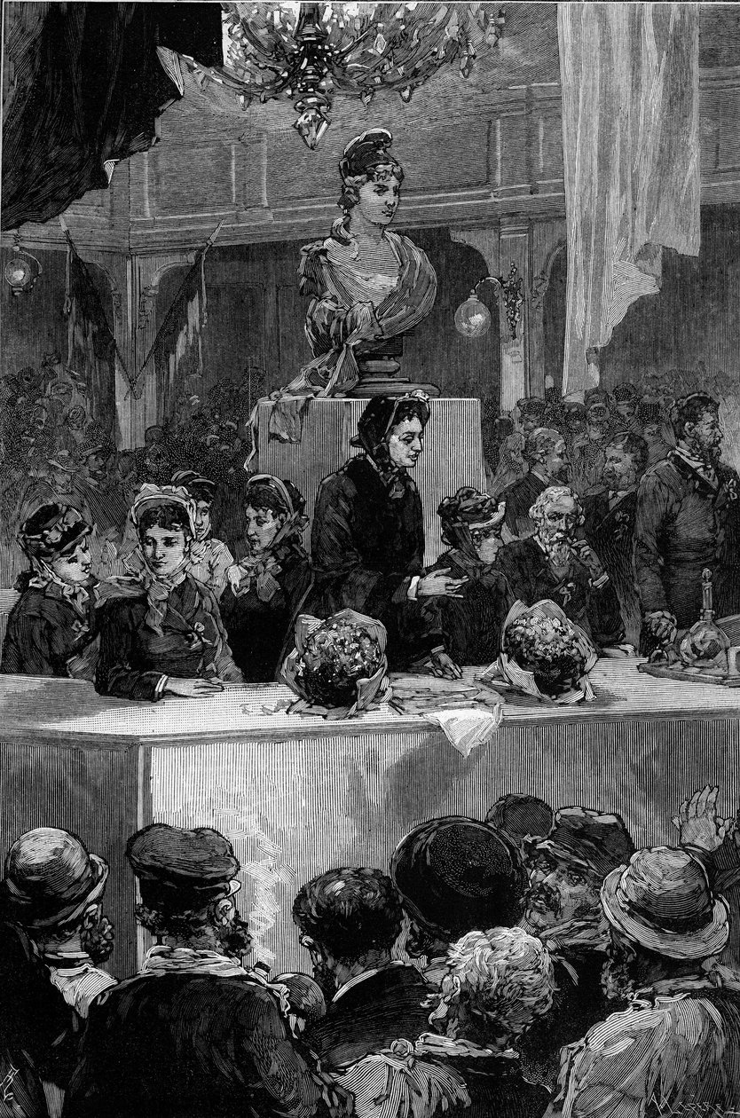 محاضرة لويز ميشيل (1830-1905) ، غرفة غرافارد في باريس ، 30 نوفمبر 1880. نقش بواسطة دي هاين في "" العالم المصور "" رقم 1237 بتاريخ 11 ديسمبر 1880. بواسطة فريدريك دي هاينين