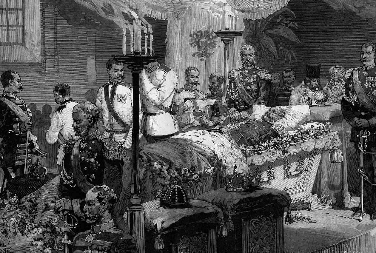 جنود فوج البوارج من الإسكندر الثاني (1818-1881) في طريقهم لتقبيل يد القيصر الراحل ، في كاتدرائية القديس بطرس وبولس في سانت بطرسبرغ (سانت بطرسبرغ) بواسطة فريدريك دي هاينين