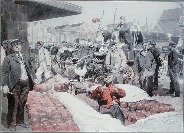 سوق الجبن في الكمار ، حوالي عام 1910 (ليثو ملون) بواسطة فريدريك دي هاينين