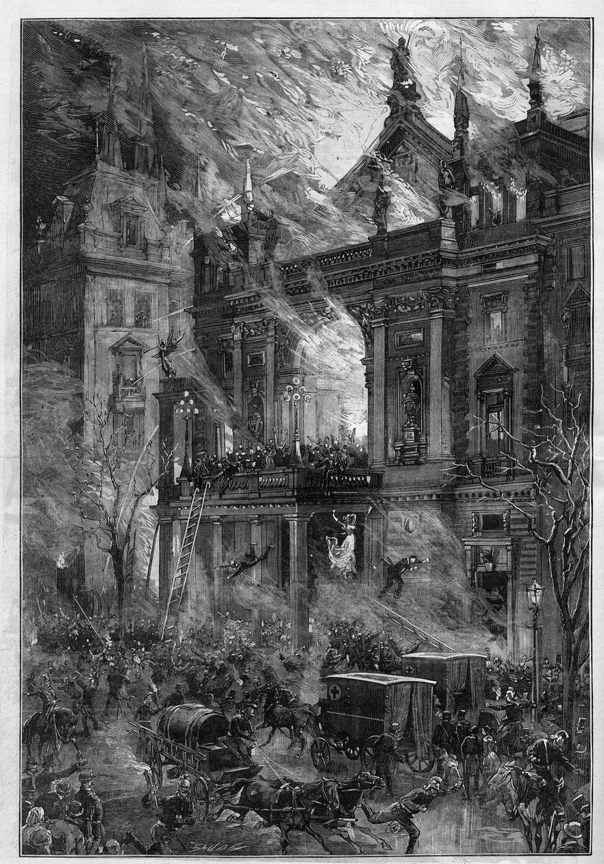 حريق Opera Wiener Ringtheater في فيينا (النمسا) في 5 ديسمبر 1881. نقش بواسطة De Haenen في "" Le Monde Illustré "رقم 1291 بتاريخ 24 ديسمبر 1881. بواسطة فريدريك دي هاينين