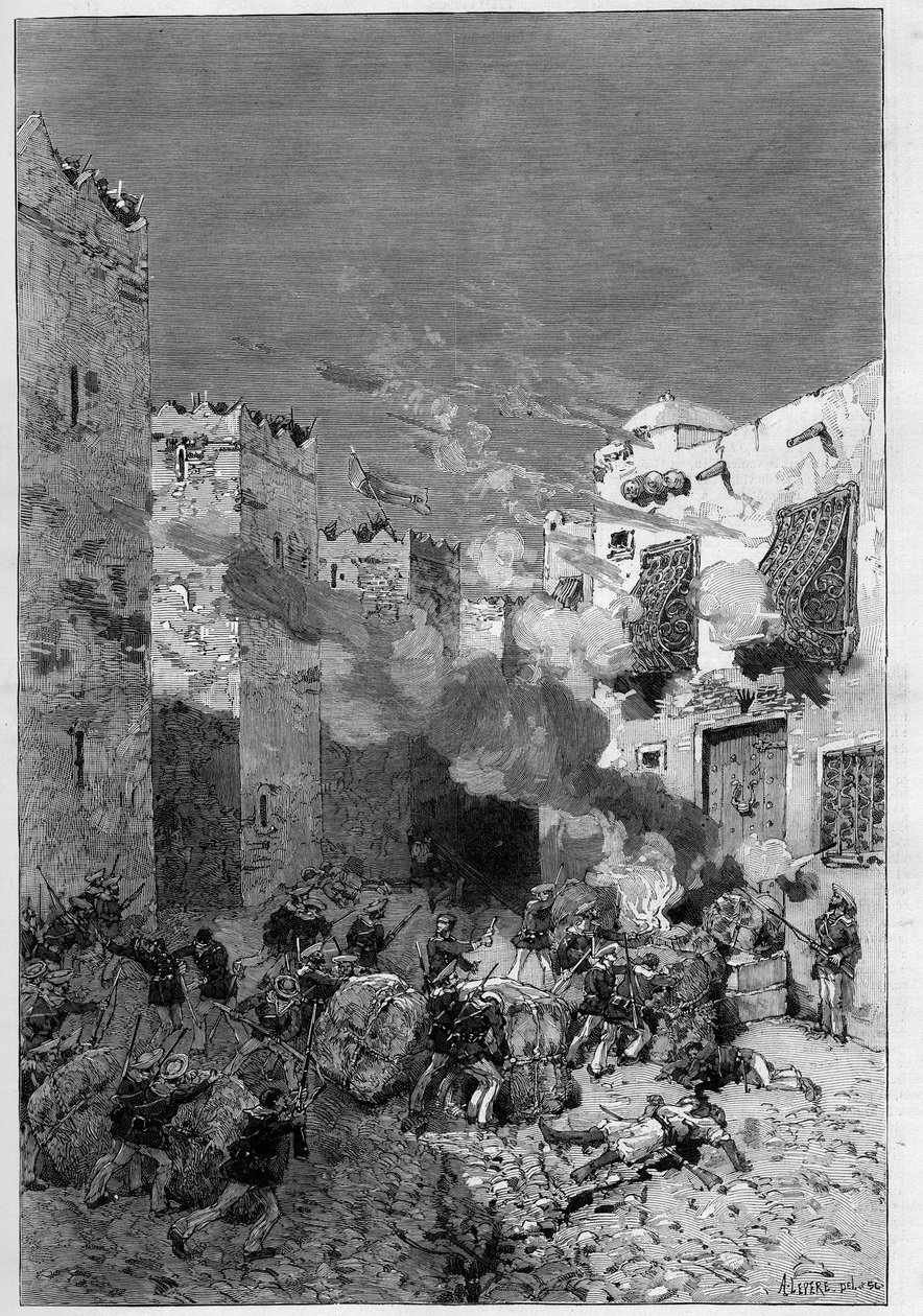 تونس ، يوليو 1881: استولت القوات الفرنسية على مدينة ستاكس بعد ثورة السكان ضد الحماية الفرنسية في تونس. البنادق البحرية تدخن منازل العرب الواقعة عند سفح القصبة - نقش لدي هاينن في "" إلوست بواسطة فريدريك دي هاينين