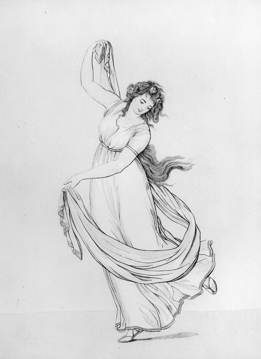 The Muse of Dance ، اللوحة السادسة من "مواقف" سيدة هاملتون: رسومات منسوخة من الطبيعة ، نشرتها SWFores ، 1802 (النقش على ورق أزرق) (انظر 137928) بواسطة فريدريك ريبرج
