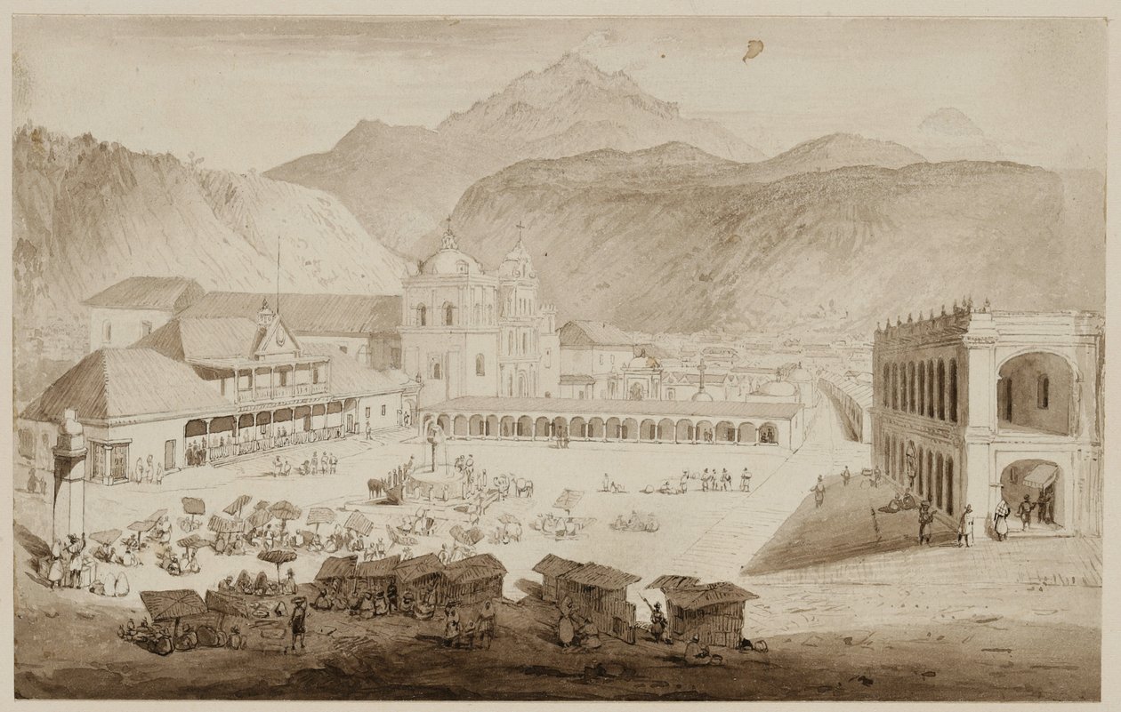 مدينة كيزالتينانغو ، أمريكا الوسطى ، 1840 (قلم وحبر مع طلاء على ورق كريمي) بواسطة فريدريك كاثروود