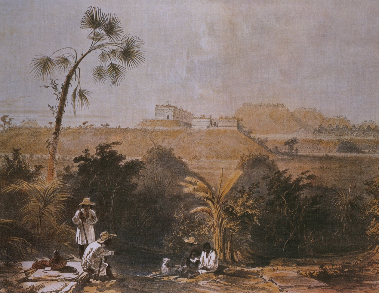 منظر بانورامي لأوكسمال ، يوكاتان ، المكسيك ، رسم توضيحي من "مناظر للآثار القديمة في أمريكا الوسطى ، تشياباس ويوكاتان" ، منشور في لندن عام 1844 بواسطة فريدريك كاثروود