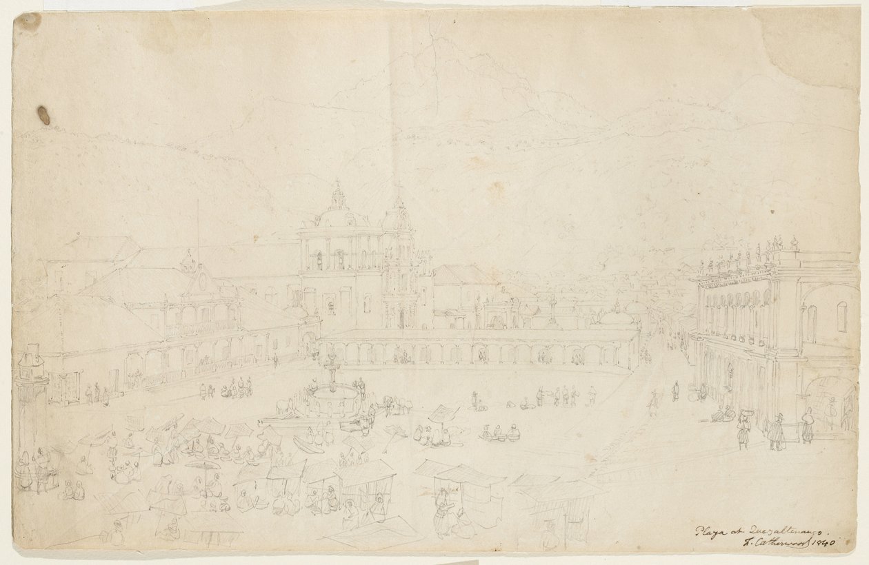 Plaza at Quezaltenango ، 1840 (الجرافيت على ورق نسج كريم) بواسطة فريدريك كاثروود