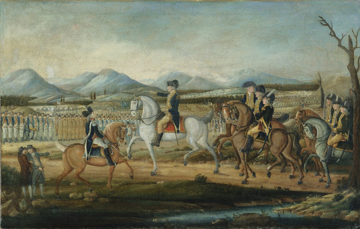 واشنطن مراجعة الجيش الغربي في فورت كمبرلاند ، ماريلاند ، بعد عام 1795 بواسطة فريدريك كميلماير